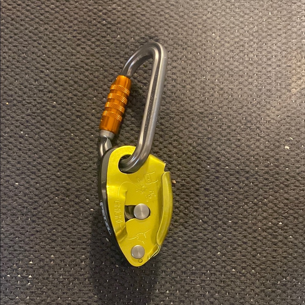 Petzl Yellow and Gray Belay Device with Carabiner